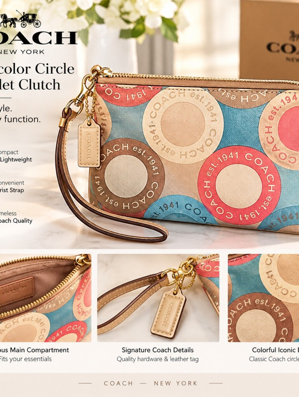 Coach Multicolor Circle Print Wristlet Clutch - Blue, Red, Tan, Cream